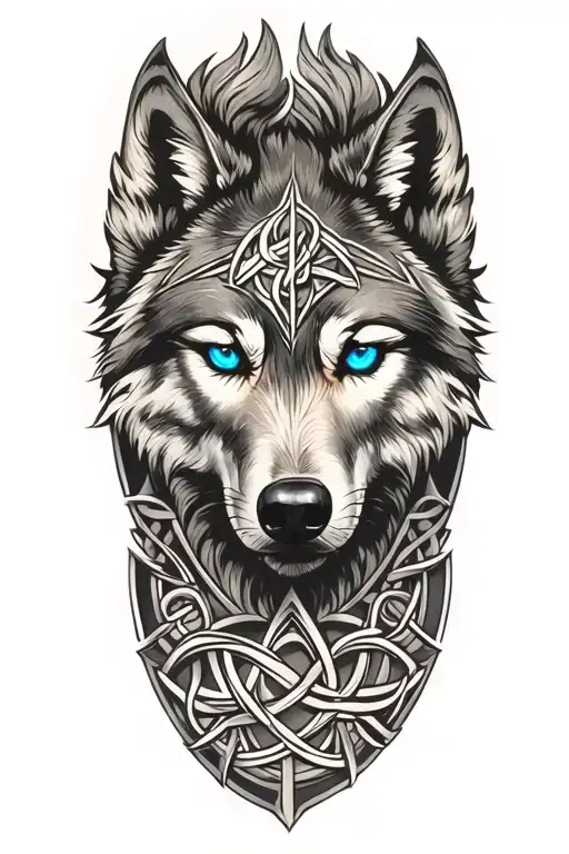 Wolf With Blue Eyes On Armor Tattoo Design Featuring Celtic Trinity Knot