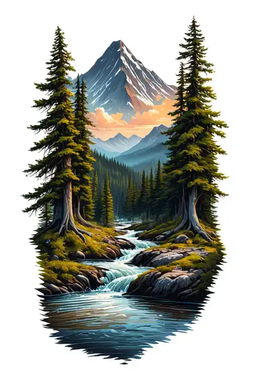 Forest With River Flowing And Mountain In Background