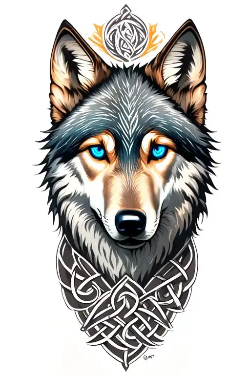 Wolf With Blue Eyes On Armor Tattoo Design Featuring Celtic Trinity Knot