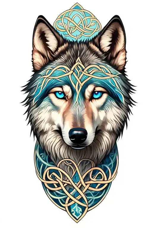Wolf With Blue Eyes Featuring Celtic Trinity Tree Intertwined