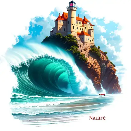 Waves Of Nazare Portugal Big Waves Beach With Small Castle That Has A Tiny Lighthouse On Top