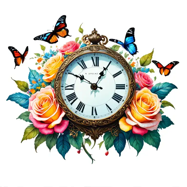 Clock Roses Butterflies