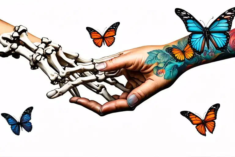 Skeleton Hand Reaching To Human Hand Reaching Butterflies
