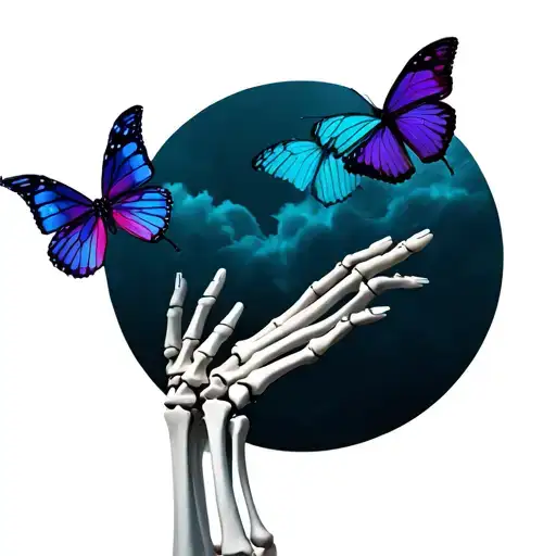 Skeleton Hand Reaching To Human Hand Reaching Butterflies