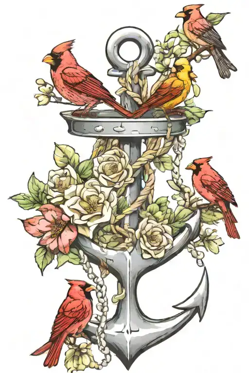 July Birth Flower Flowing Out Of An Anchor With Cardinals Sitting On A Branch
