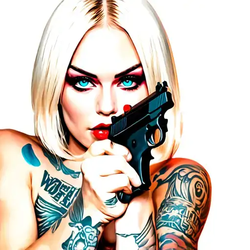 White Blonde Blue Eyes With A Seductive Look On Her Face Hot Gangster With Gun