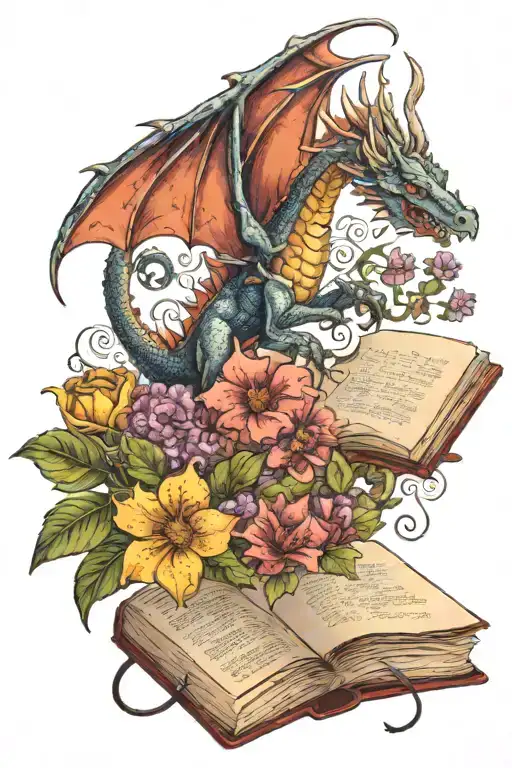A Dragon Flying Out Of A Book Surrounded By Flowers