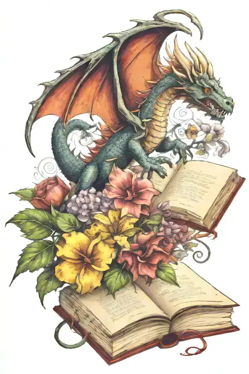 A Dragon Flying Out Of A Book Surrounded By Flowers