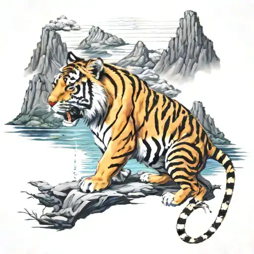 Chinese Rat Guarding A Tiger With A Horse With Water And Mountains In Background