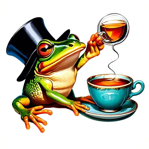 Frog Whereing A Top Hat While Drinking Tea Cup