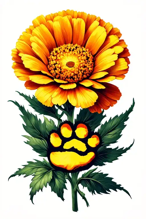 Marigold And Poppy Flower With Dog Paw Print