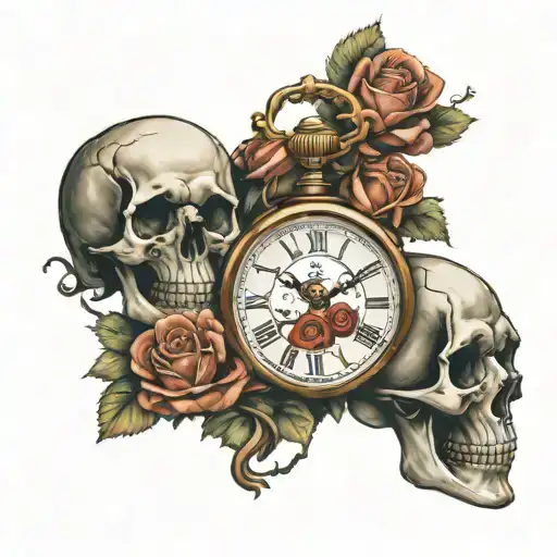 A Clock And Heart And Skull With Roses