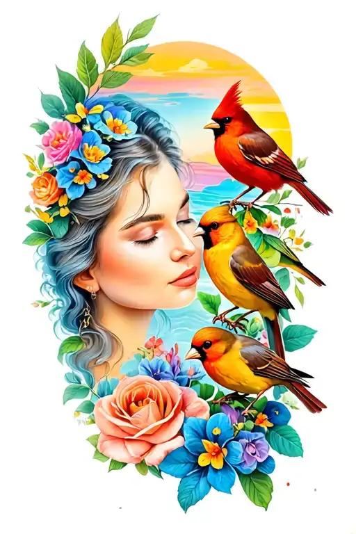 Mom Died Of Lung Cancer With Canaries And Cardinals And Flowers And A Sunset