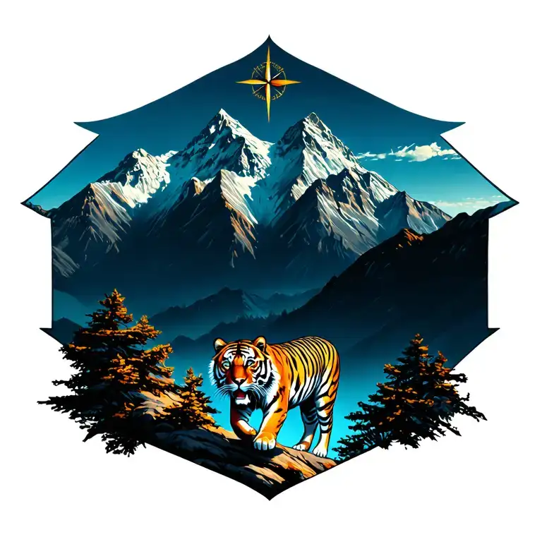 Tiger Walking Down Mountains And Compass