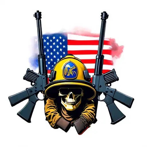 American Flag With 2 Rifles And A Firefighter Helmet