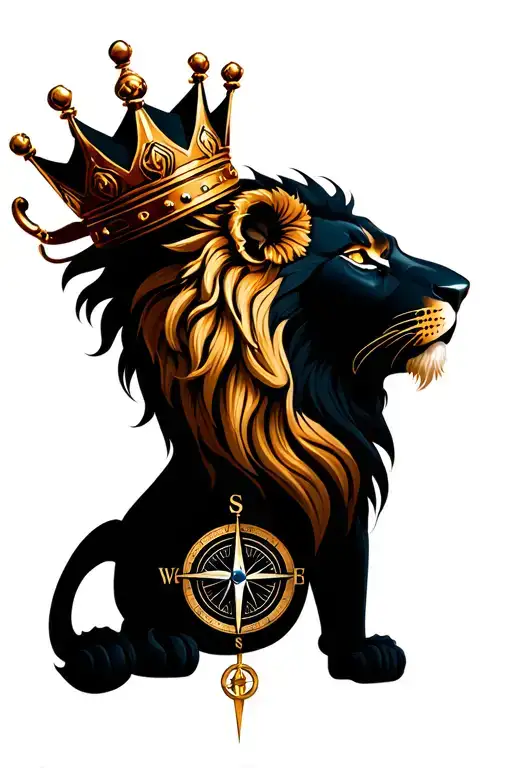 The Front Of A Lion With A Crown On Its Head And A Compass Under That