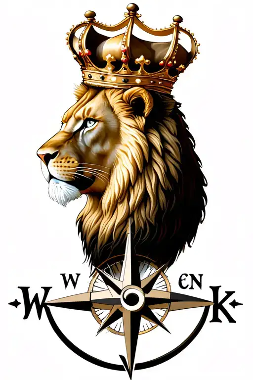 The Front Of A Lions Face With A Crown On Its Head And A Compass Under That