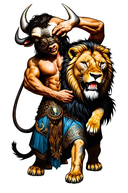 A Bull Warrior Holding Biting Lion With A Time As His Body
