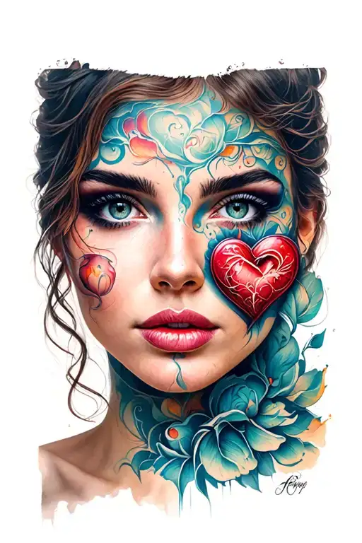 Women's Face Portrait With A Heart