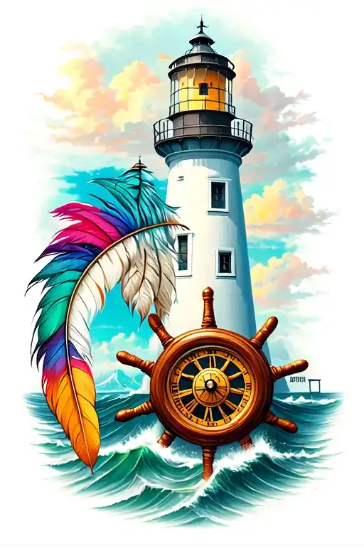 Lighthouse With Clock And Ships Wheel And Indian Feathers