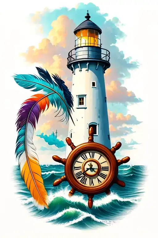 Lighthouse With Clock And Ships Wheel And Indian Feathers