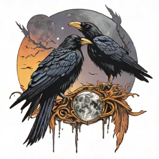 Raven And Phoenix Full Moon Water Night Sky