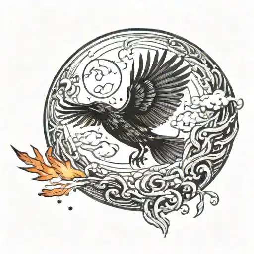 Raven And Fire Phoenix Full Moon Water Night Sky