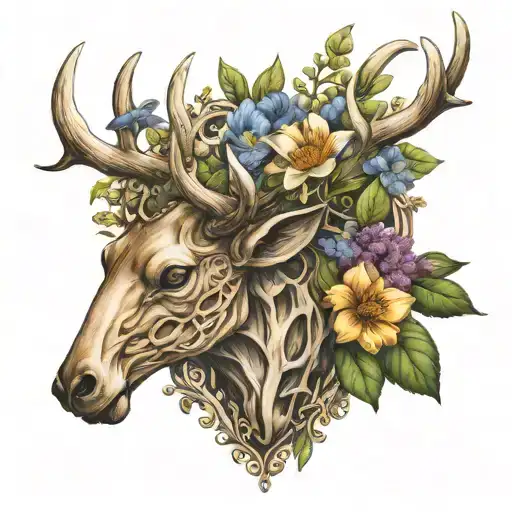 Lilly Of The Valley And Aster On Deer Scull Horns Carved On Heart