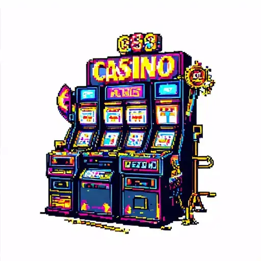 A Pixel Art Design Of A Casino Scene With Gaming Consoles And Slot Machines