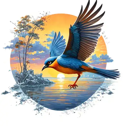 Bird Flies Into The Sunset