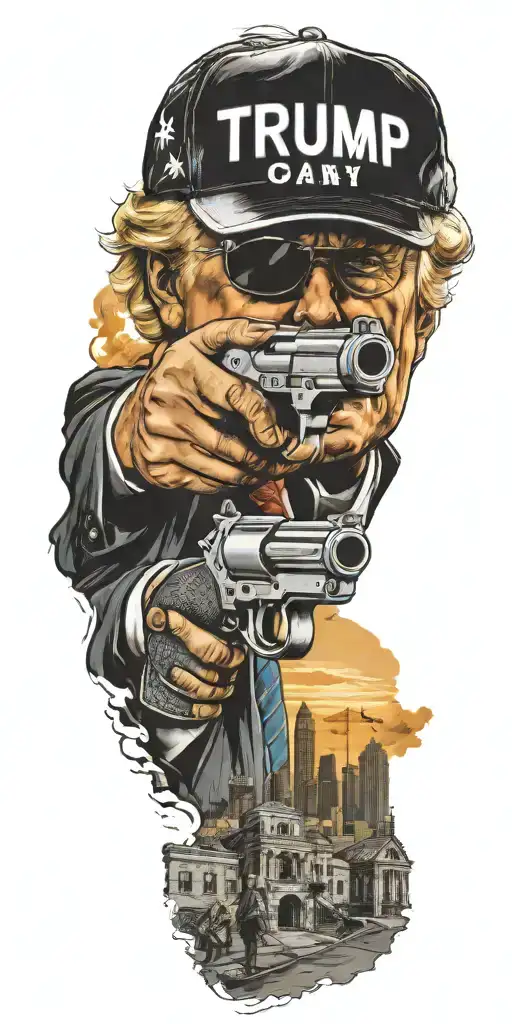 Trump Holding A Gun City In Background