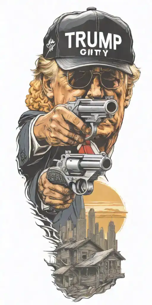 Trump Holding A Gun City In Background