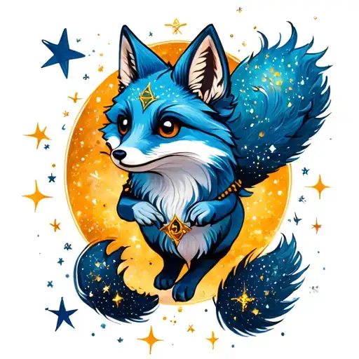 A Tarot Zodiac Running Magical Blue Fox With Glitter Stars And Sparkles With Space Theme Colors
