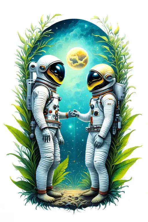 Astronaut & Plant-like Alien Reaching Out To Each Other