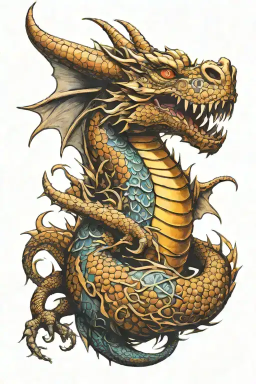 Tattoo Of A Dragon Wrapped Around An Arm With Its Head On Its Chest Trying To Eat The Sun
