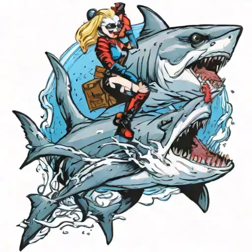 Sexy Harley Quinn Riding A Great White Shark Jumping