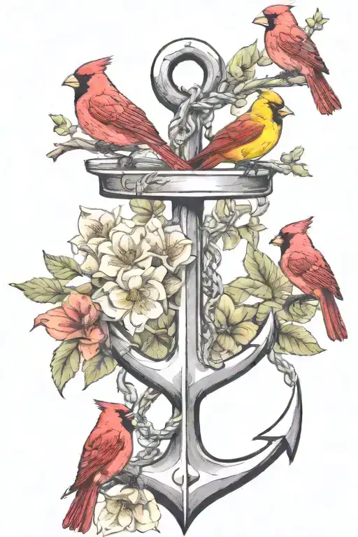 July Birth Flower Flowing Out Of An Anchor With Cardinals Sitting On A Branch