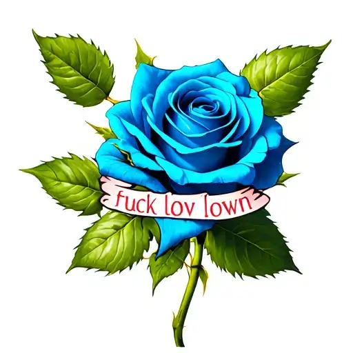 A Blue Rose With The Words Fuck Love Down The Stem Of The Rose With Thorns