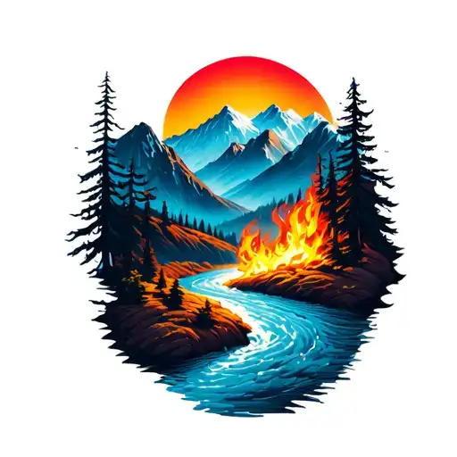 Moutain Range With Winding River Along With Fire And Sun Coming From The Mountains