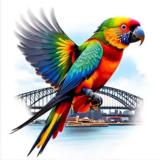 Rainbow Lorikeet In Flight With Sydney Opera House And Harbour Bridge