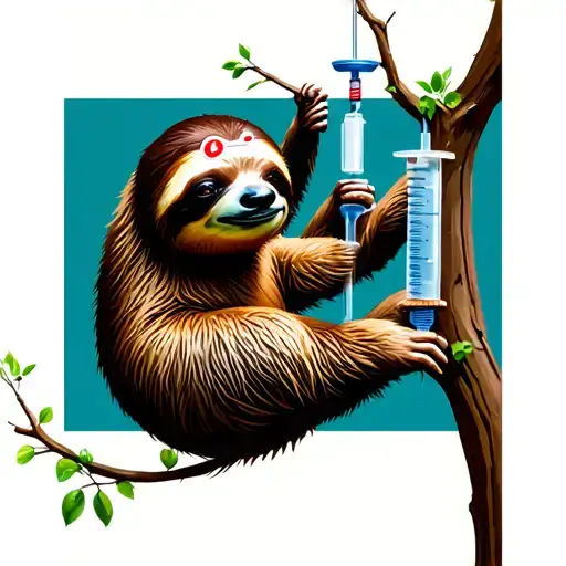 Nurse Sloth Hanging From Tree With Old Fashion Syringe
