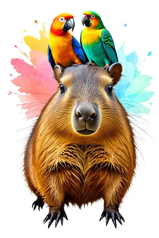 Capybara With Opaline And Grey Chested Quaker Parrot On Its Head