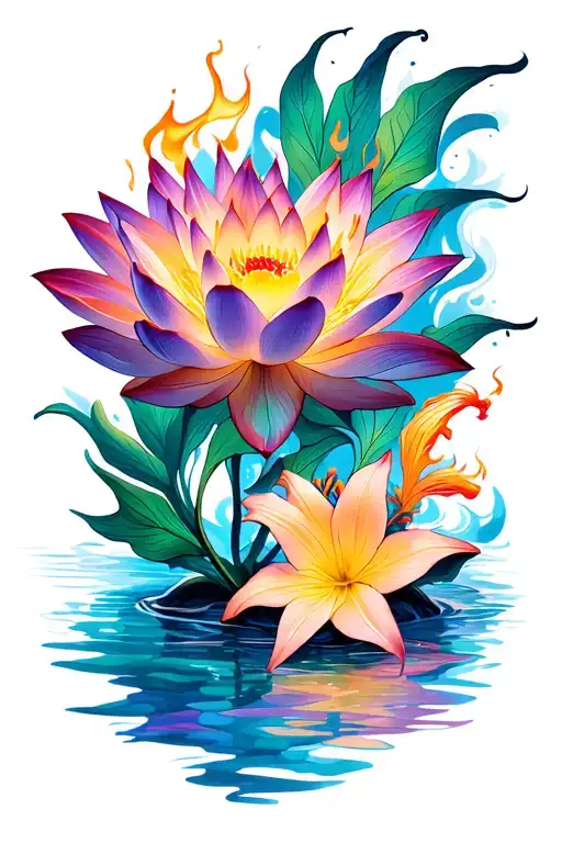 Lotus Flower With Phoenix And Stargazer Lilies Flames