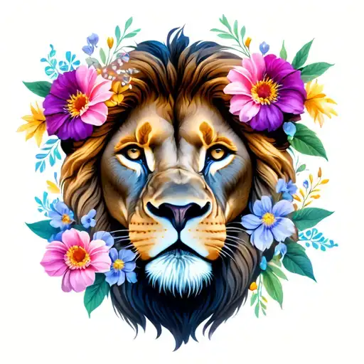 Lion Face And Flowers