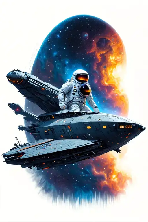 Spaceman And Ship Drifting With The Pillars Of Creation In The Background