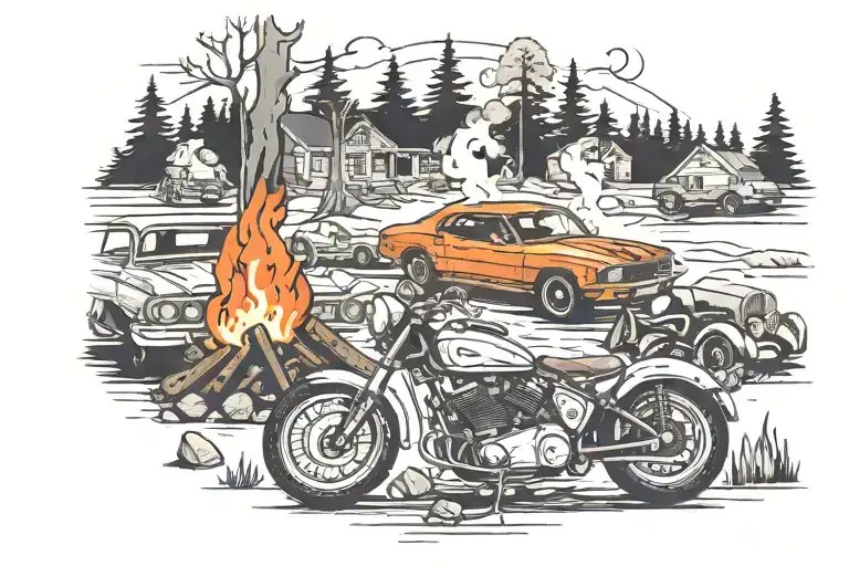A Campfire Scene With Shadows Of Speeding Street Bikes And A Classic Car In The Background
