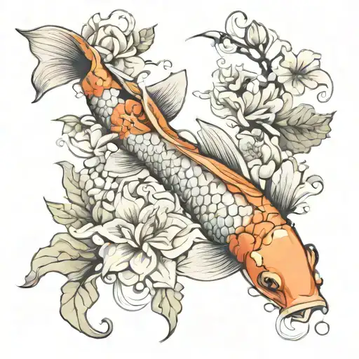 Koi Fish With Flowers Surrounding