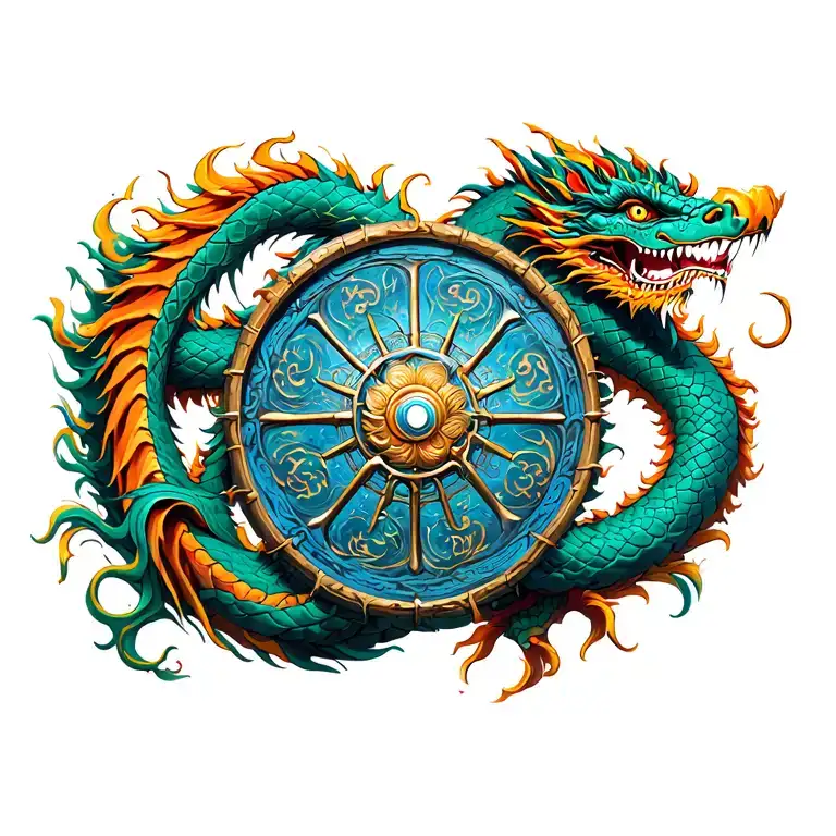 Buddhist Dharma Wheel With Dragon Wrapped