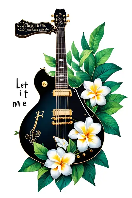Base Guitar With Plumerias And Green Leafs And The Words Let It Me With A Cross