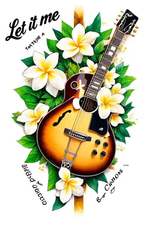 Base Guitar With Plumerias And Green Leafs And The Words Let It Me With A Cross